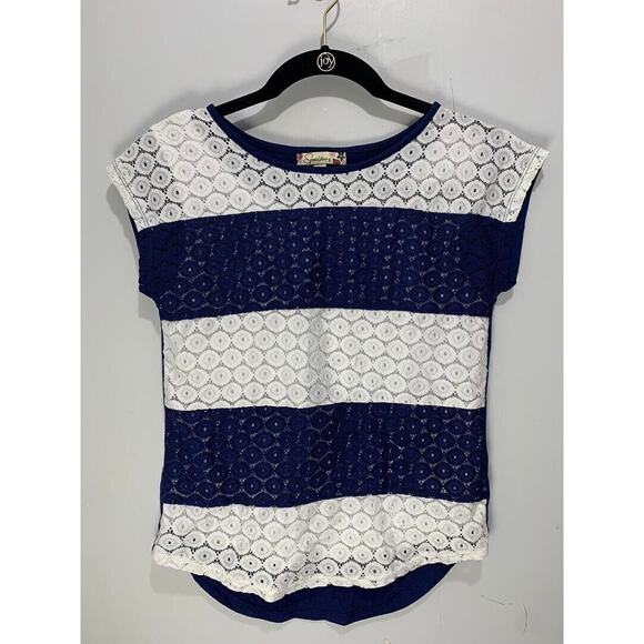 Womens Navy & White Lace Striped Cap Sleeve Top By Speechless Size L - Picture 1 of 3
